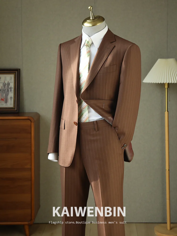 Men's Suit 2 piece set Wool Pure Brown Stripe Business Formal elegant Tailored suit Banquet Casual Dress Wedding Groom Costume