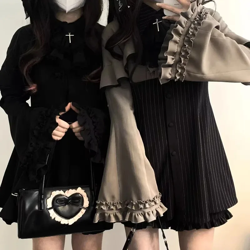 Vintage Lolita Style Mini Dress Set Women Gothic Y2k Loose Flare Sleeve Fake Two Pieces Party Dresses Female Kawaii Cute Vestido