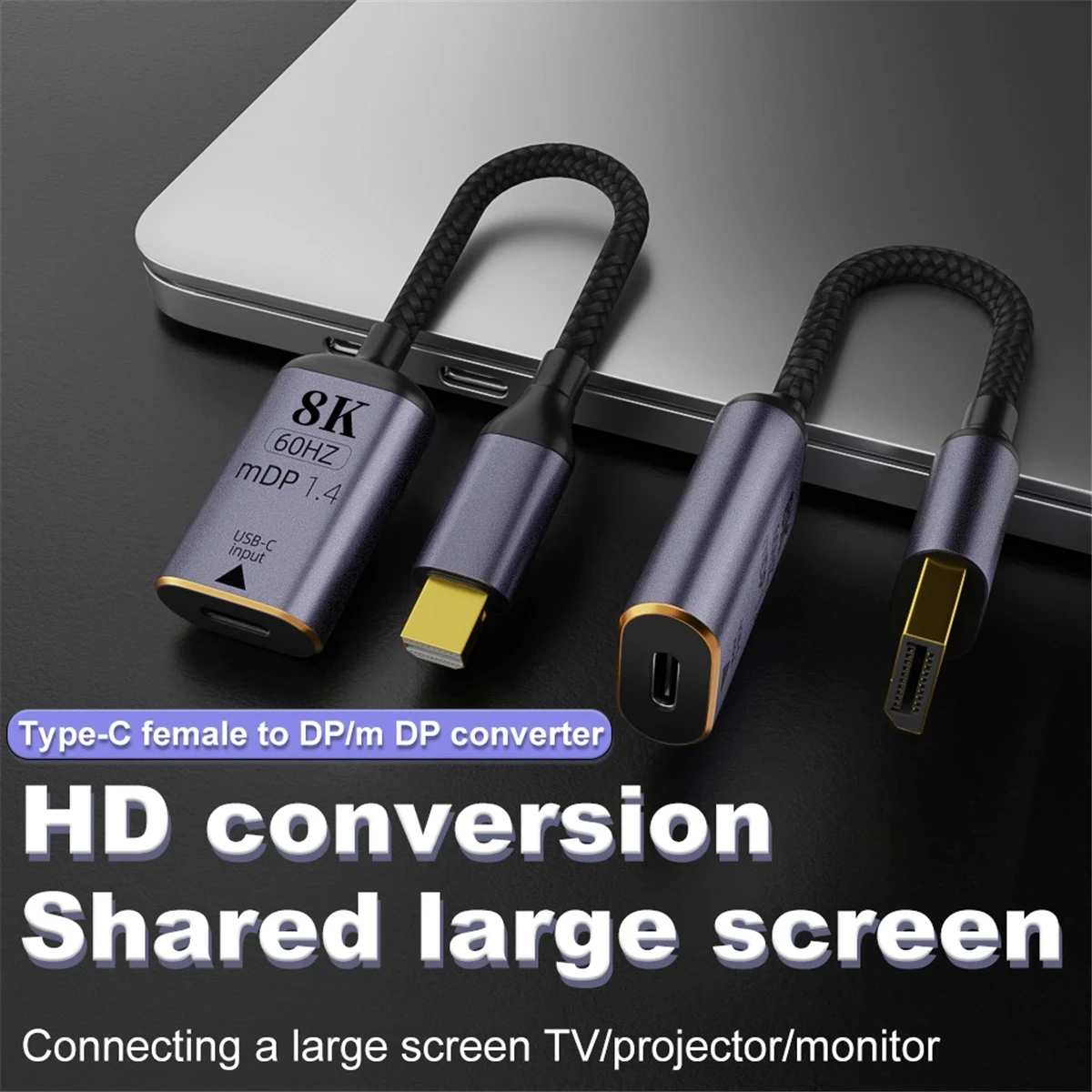 Adaptador de Vídeo Compatível com HDMI, Conversor Mini DP HD, Macho para Fêmea, Macho para Fêmea, Laptop, TV, HDR, Premium, 8K, 60Hz, 2,1 a USB-C, tipo-C a DP