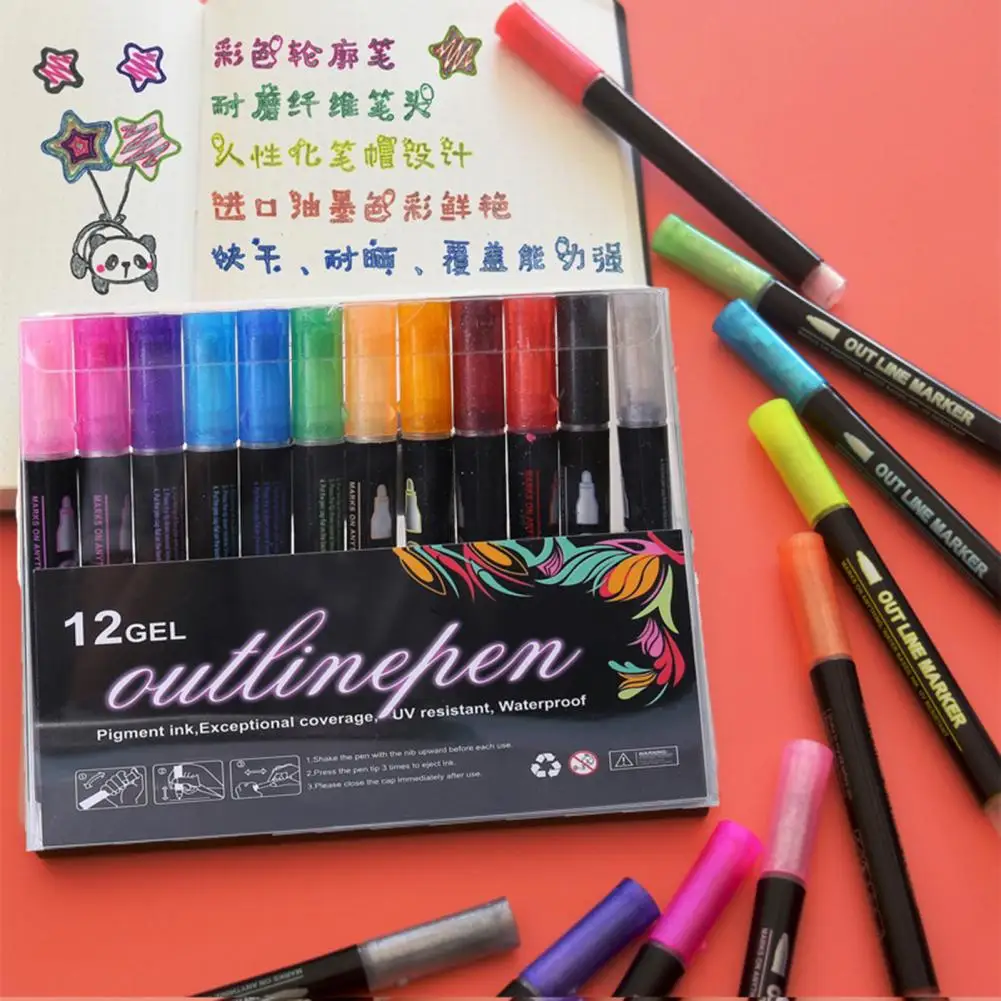 12ชิ้นปากการ่างเส้นคู่ set pulpen สีเมทัลลิกปากกาเขียนข้อความแวววาวศิลปะทำมือบัตรอวยพรปากการ่าง