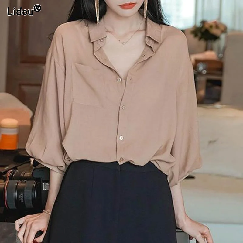 

Thin Comfortable Spring Summer Solid Button Business Casual Loose Turn-down Collar Blouses Three Quarter Sleeve Women's Clothing