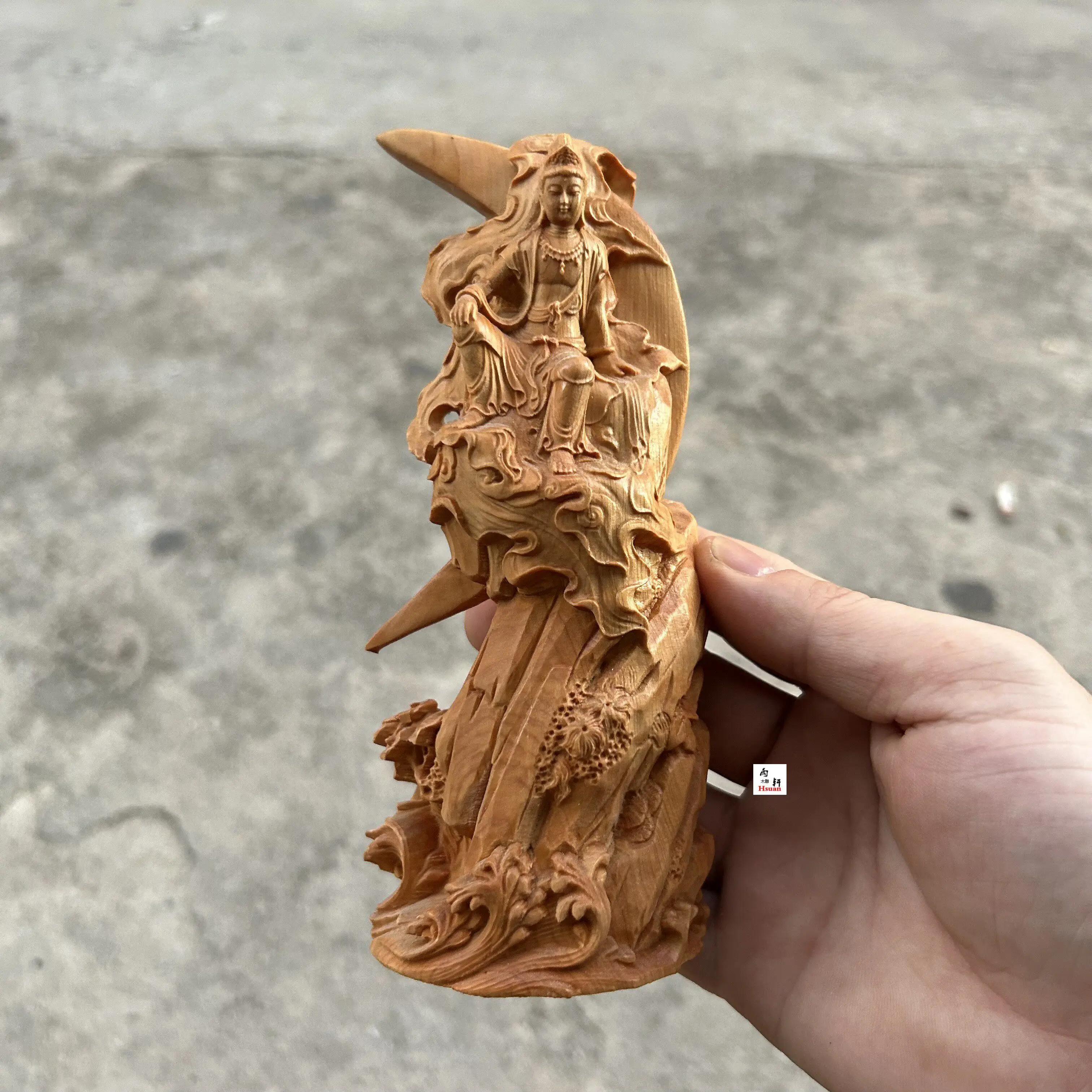 Cypress Water Moon Guanyin Small Figurine Traditional Wooden Buddhist Sculpture for Study Tables and Spiritual Art Collectors