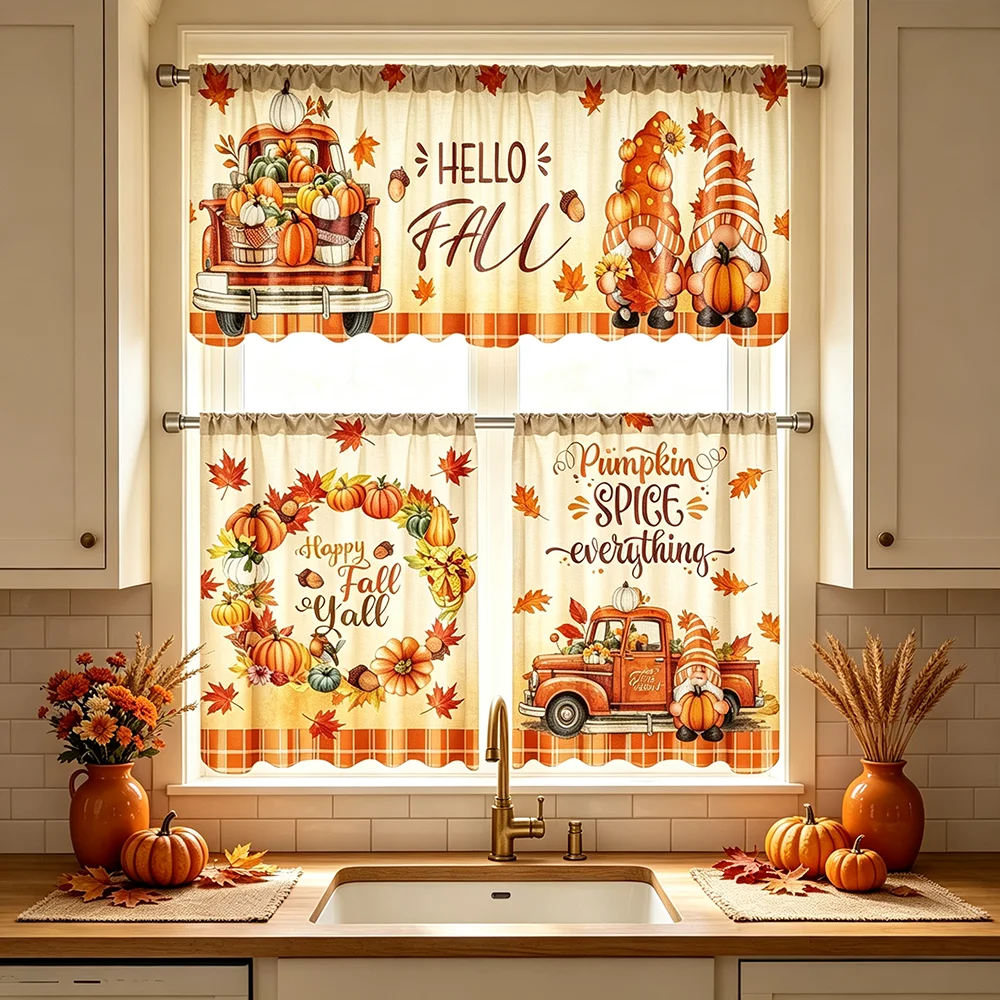 Thanksgiving, Autumn Pumpkin Curtains, including Curtains and Short Curtains, Suitable for windows, Rural Farmhouse Style
