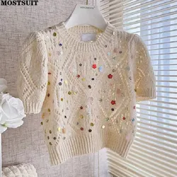 Sequins Elegant Knit Sweater Pullover Women Hollow Out Short Sleeve Knitwear Tops Summer Stylish Chic Fashion Ladies Jumper 2024