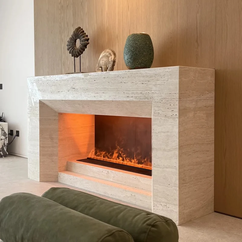 Indoor Natural Wabi-sabi Style Indoor Surround Hand Craved Beige Travertine Fireplace Mantel for Villa Hotel Decor
