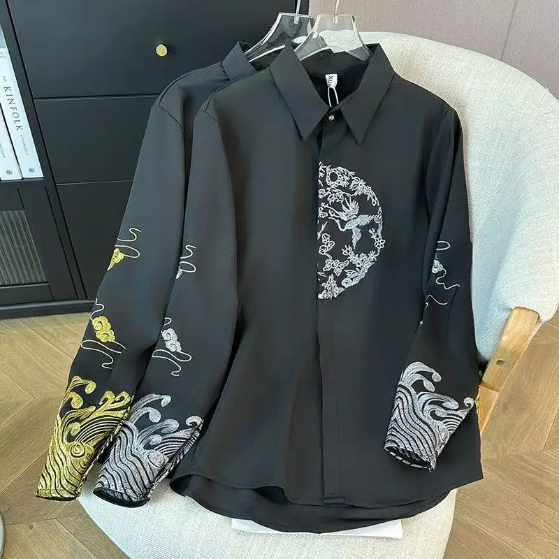 

Новая традиционная рубашка в китайском стиле с вышивкой для мужчин и женщин, больших размеров, с длинным рукавом, для карнавала и сценических выступлений, с золотым узором