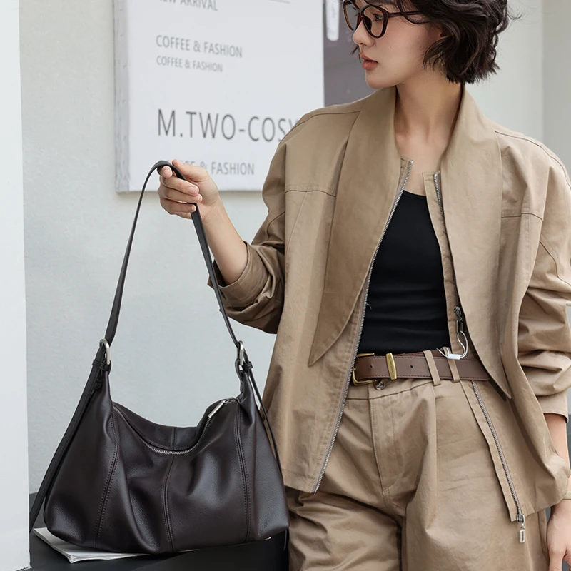 Genuine Cowhide Women Soft Hobo Shoulder Bag Slouchy Real Leather Ruched Handbag Drawstring Tie Detail Zipper Crossbody Purse