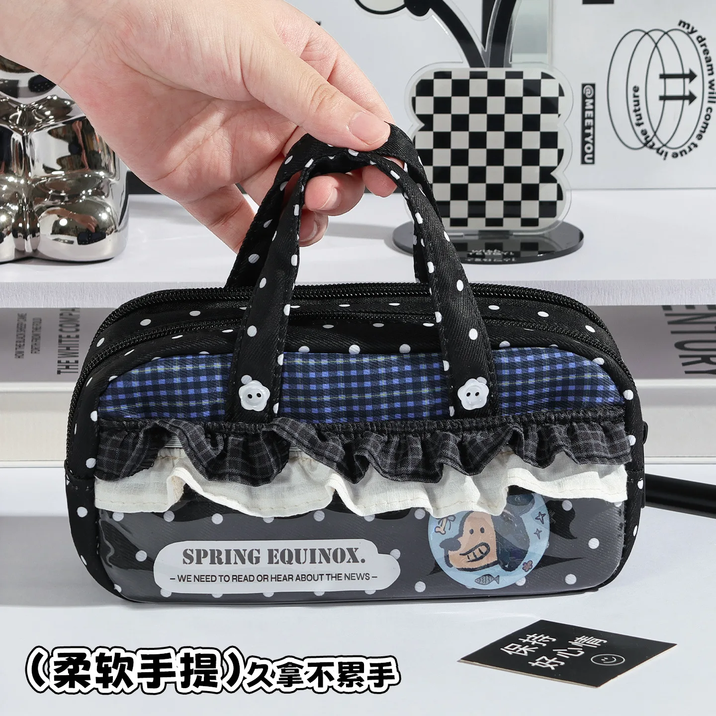 Kawaii Polka Dot Ruffle Lace Pencil Case Clear PVC Window Large Capacity Portable Pen Bag for Teen Girls Back To School Supplies