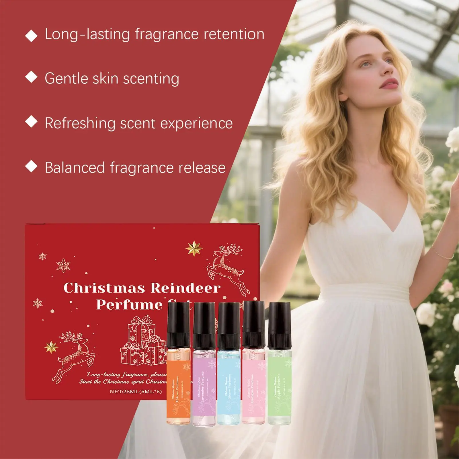 Christmas Reindeer Fragrance Gift Set 5pcs 5ml Natural Long Lasting Spray Perfume Women Holiday Dating Gift Fragrance Mist