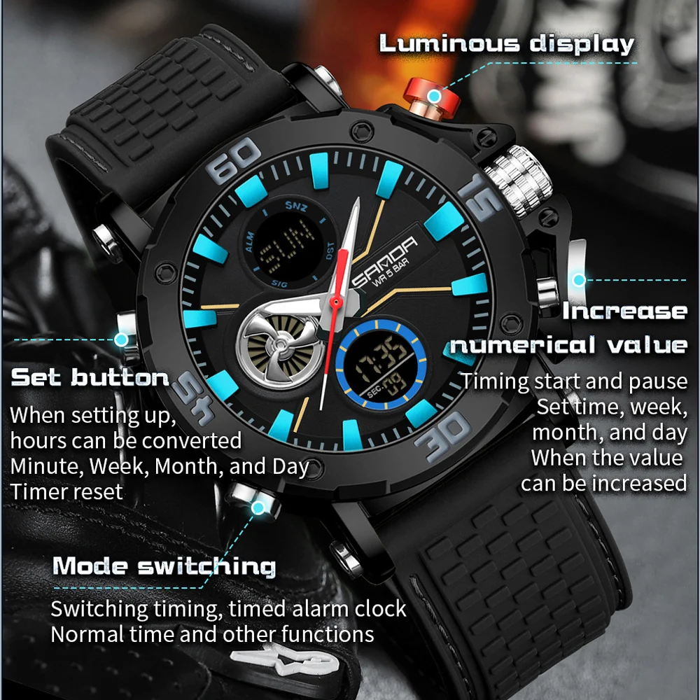 SANDA Watch TPU Strap Dual Display Wristwatch for Men Chronograph Alarm Clock Countdown Function Luxury Man Watches