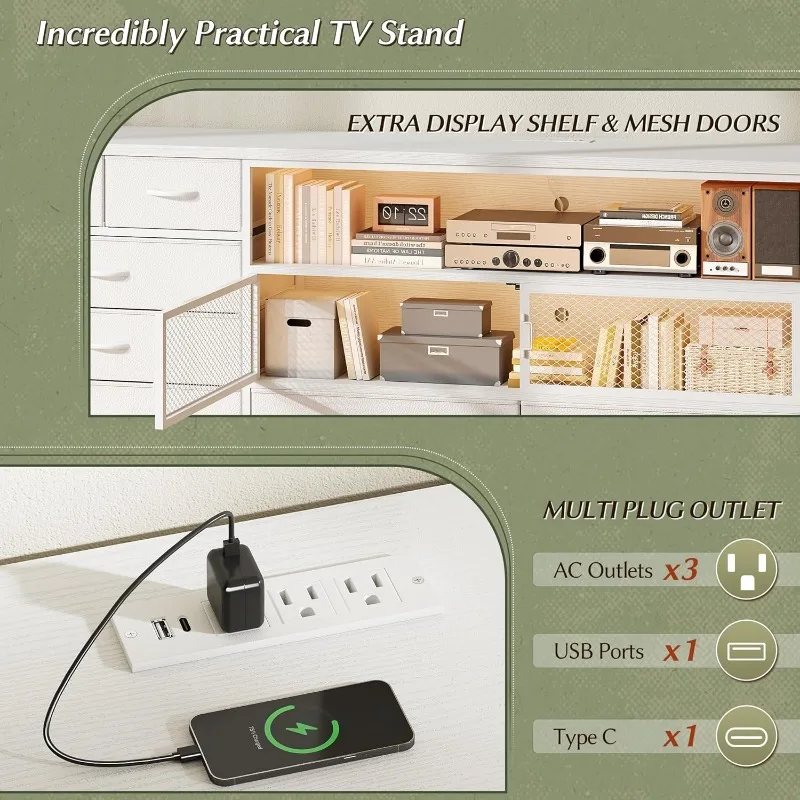 Soporte para TV de 71 pulgadas de ancho para dormitorio para TV de 85/80/75 pulgadas con LED y estación de carga, cómoda larga y resistente con 12 cajones de tela y