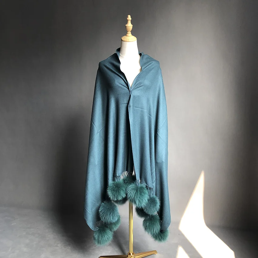 JANEFUR Cashmere Shawl Scarf Women Winter Fox Ball Fur Pom Pom Thick Pashminas Scarf JFD1-21012
