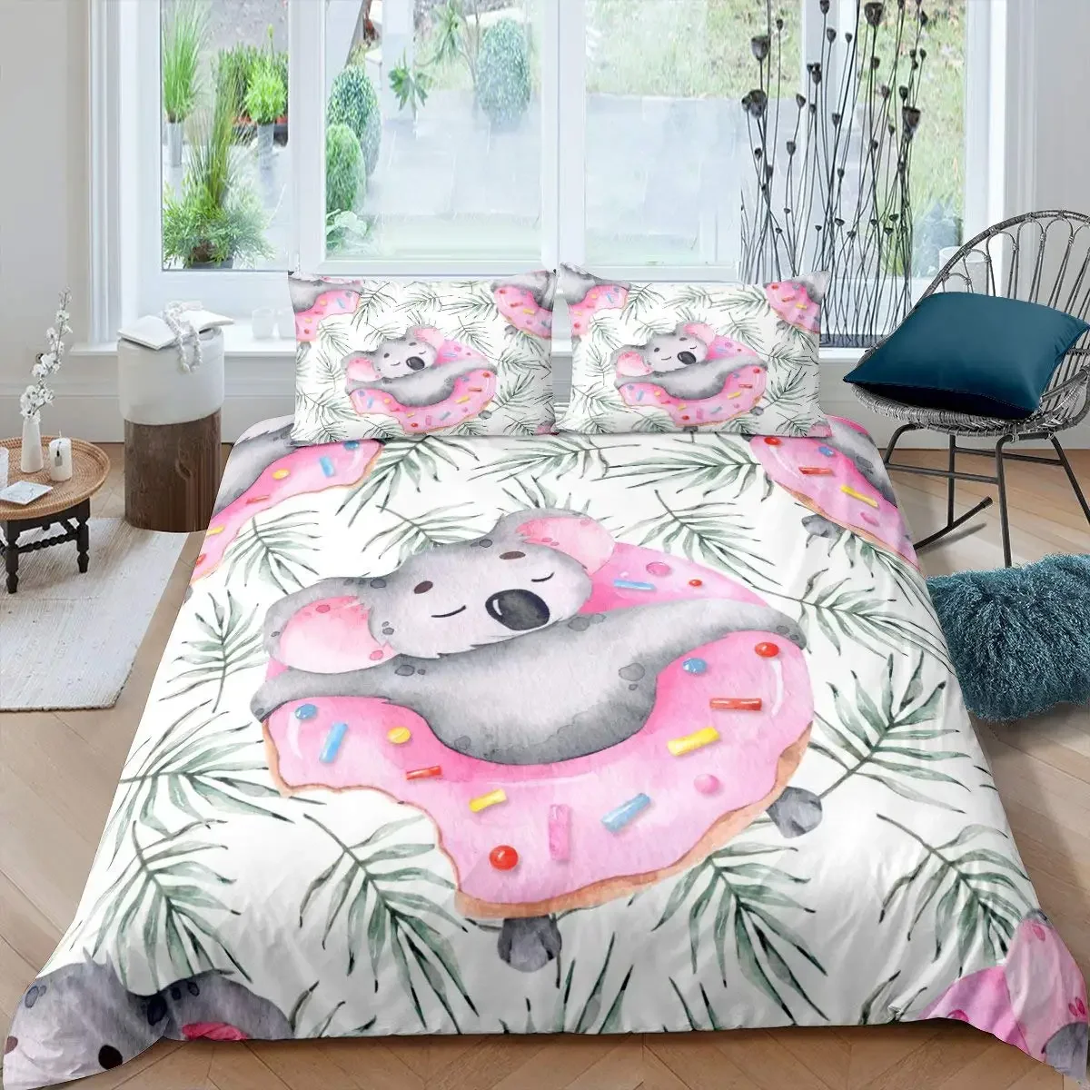 Koala Duvet Cover Set, Blooming Floral Branch with A Bear Comforter Cover, Palm Tree Leaf Wildlife Cartoon Polyester Quilt Cover