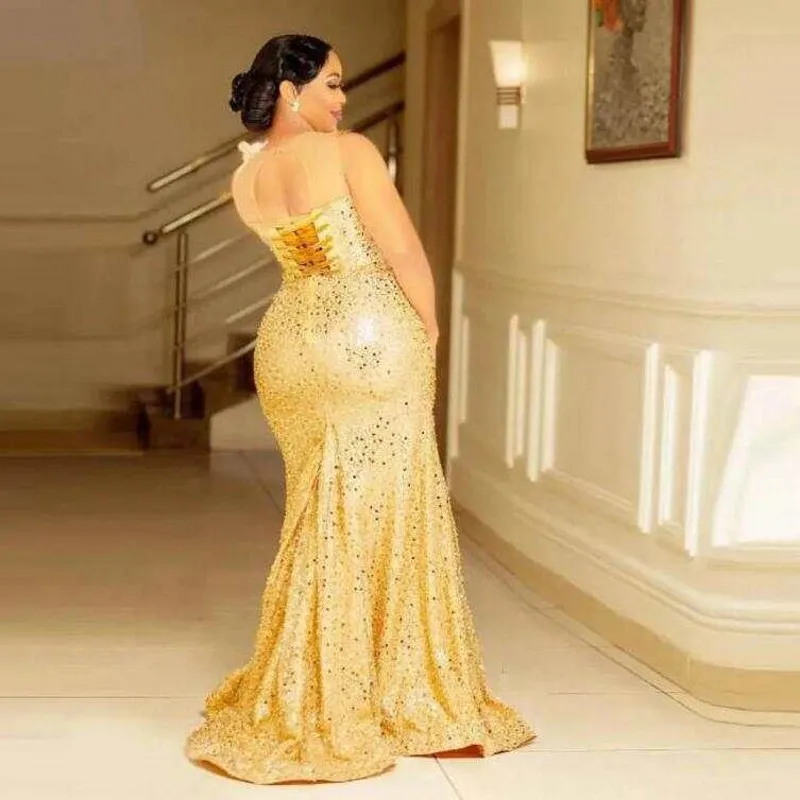 Luxury Evening Dresses Sequined Mermaid robe de soiree Gold Long Party Gowns Sequined Floral Prom Dress vestidos de noite