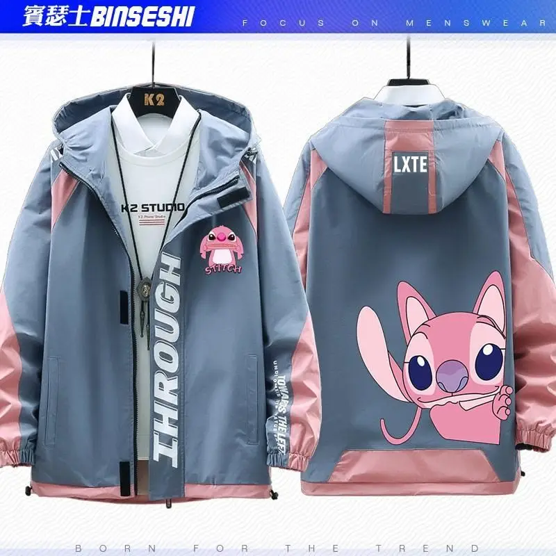 Anime Stitch Couple Coat Kawaii Stitch Fashion Cartoon Print Jacket Windproof Loose Hooded Top Autumn and Winter Warm Overcoat