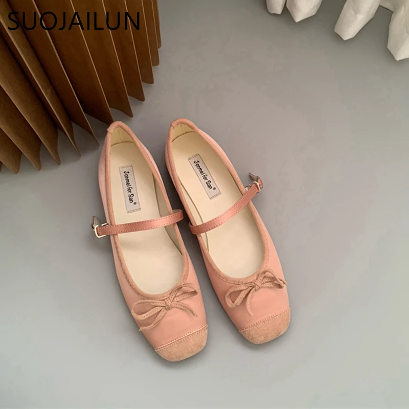 SUOJIALUN Women Flat Shoes Fashion Round Toe Shallow Slip On Ladies Soft Ladies Mary Jane Ballerinas Flat Heel Casual Ballet Sho