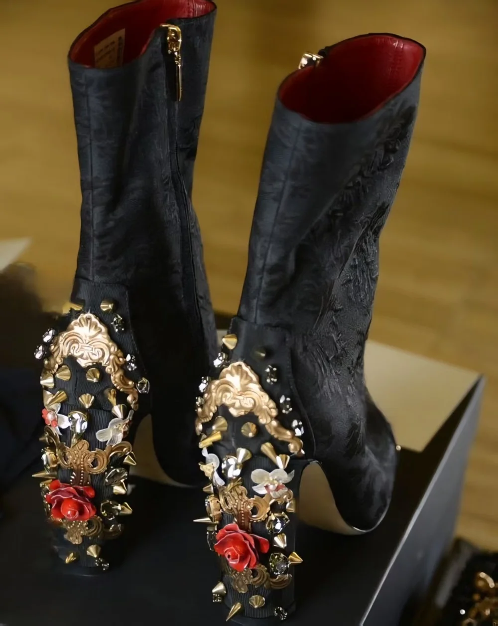 Ornate Gold Embellishments Black Brocade Chunky Ankle Boots Red Rose Crystal Accents Spiked Details Elegant High-Fashion Boots