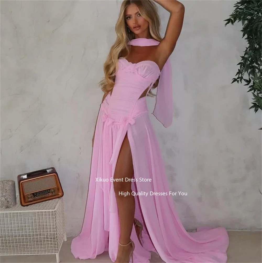 Xikuo ピンクシフォンイブニングドレスハイスリットリボン恋人ローブ夜会ファムエレガントなロングパーティードレス女性カスタマイズ