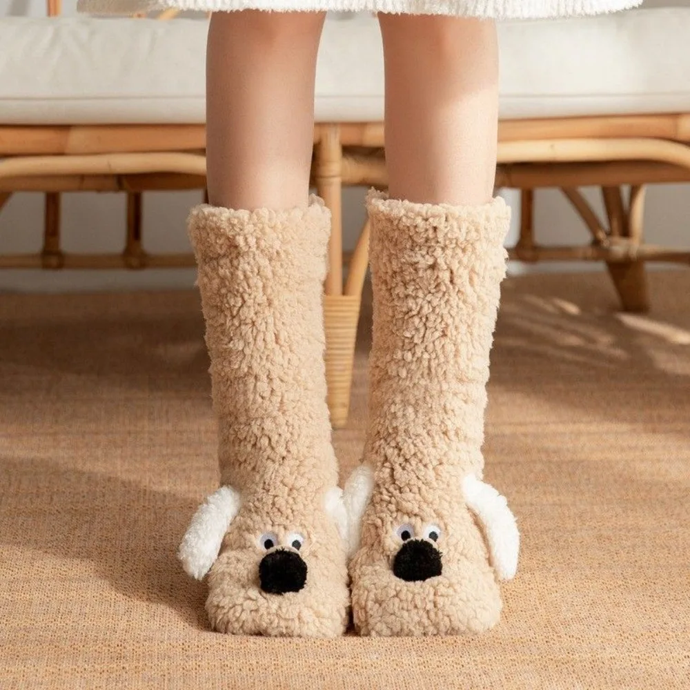 Thickened Cute Floppy Ear Dog Floor Socks Cartoon Animal Plush Socks Soft Warm Cozy Indoor Winter Lounge Sleep Socks for Women
