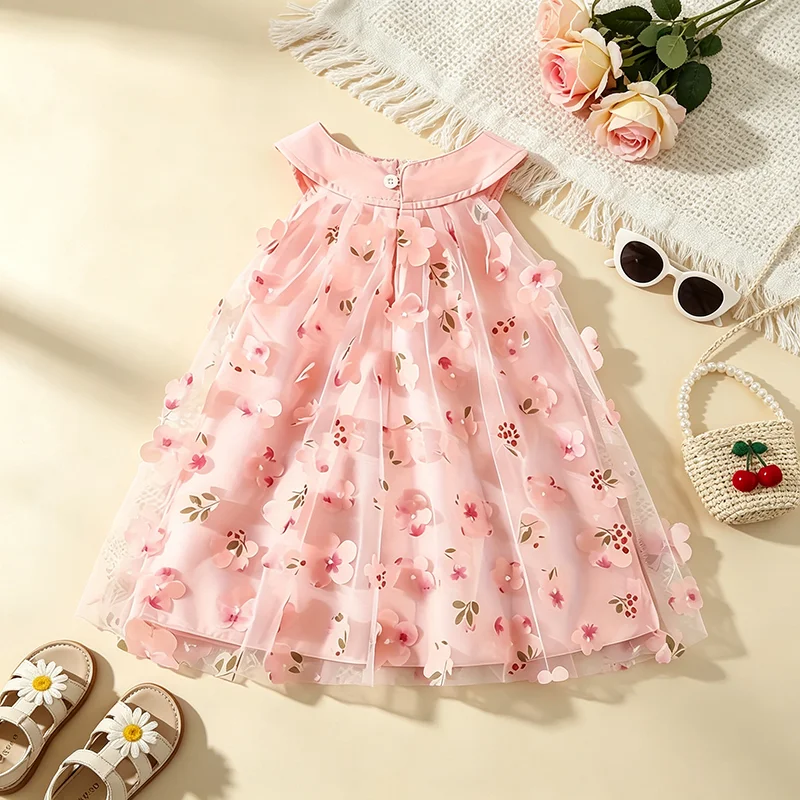 Toddler Girl Pink Cherry Blossom Tulle Dress Sleeveless Floral Princess Baby Girl Dress for Birthday Party & Special Occasions