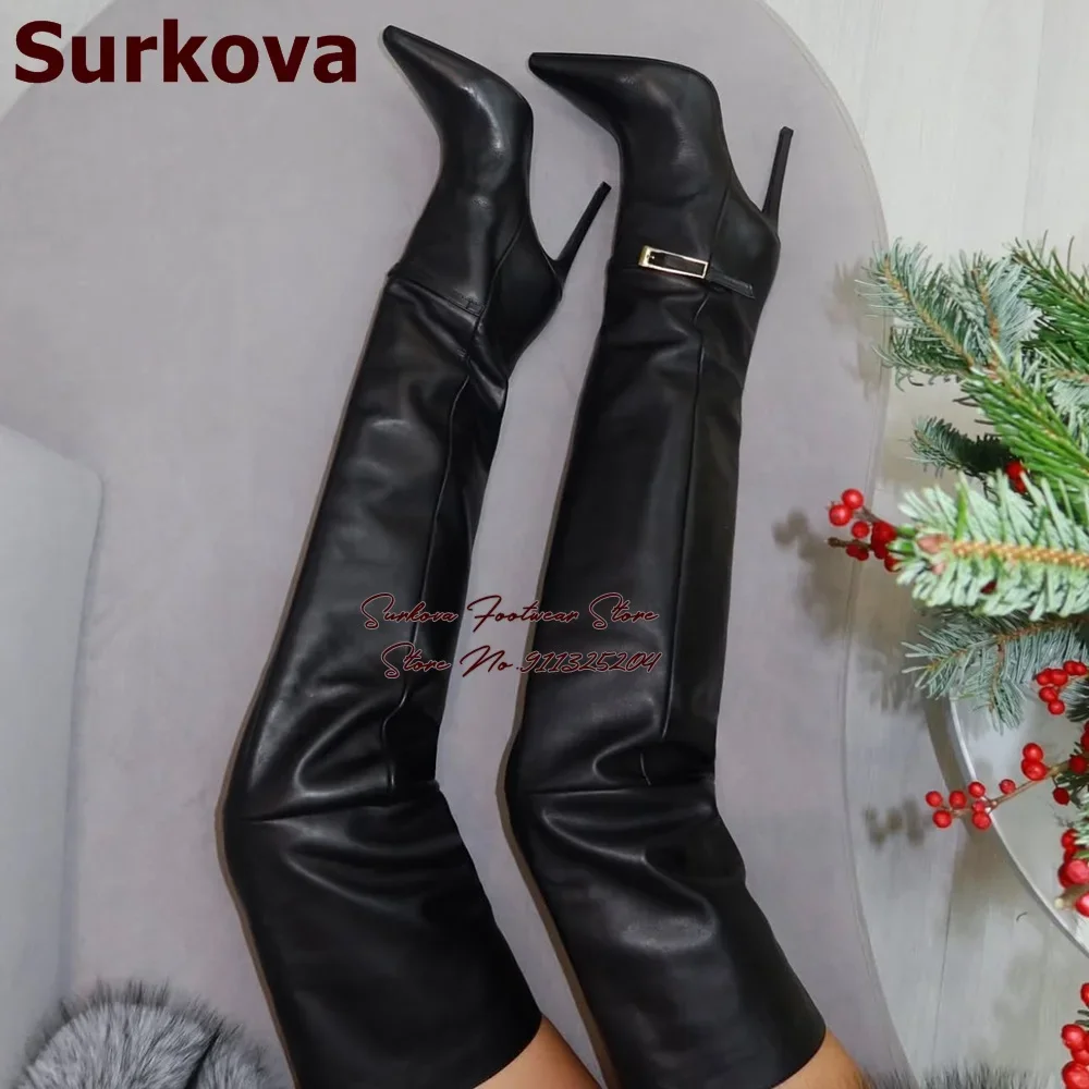 Surkova Dark Brown Coffee Matte Leather Thigh High Boots Stiletto Heels Ankle Gold Metal Buckle Belt Over The Knee Super Boots
