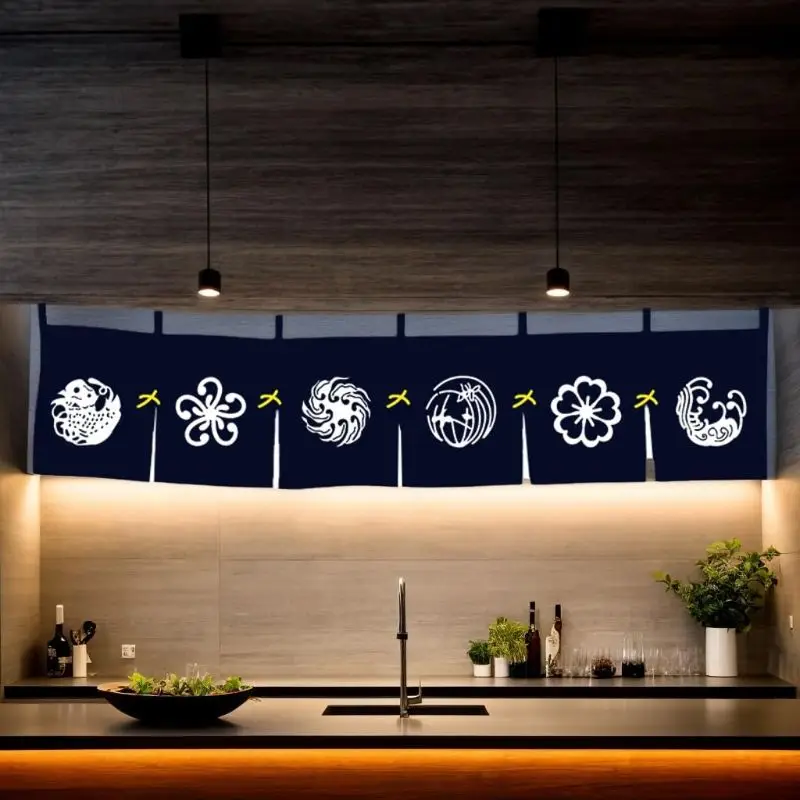 VIKAMA Ukiyo-e Wave Symbol Short Noren Partition Curtain Light Hanging Valance Restaurant Kitchen Entryway Japanese Decor