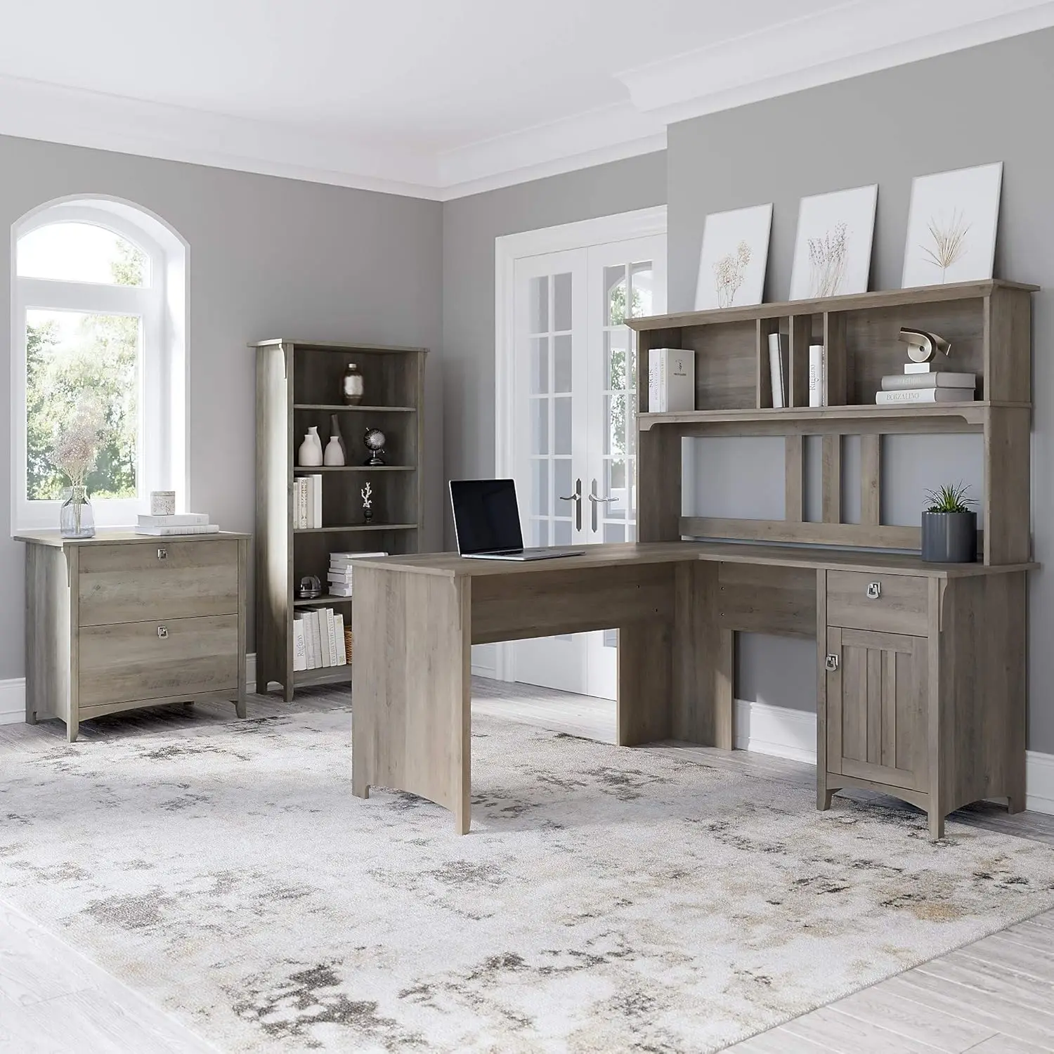 60W L Shaped Desk with Hutch, Lateral File Cabinet and 5 Shelf Bookcase in Driftwood Gray