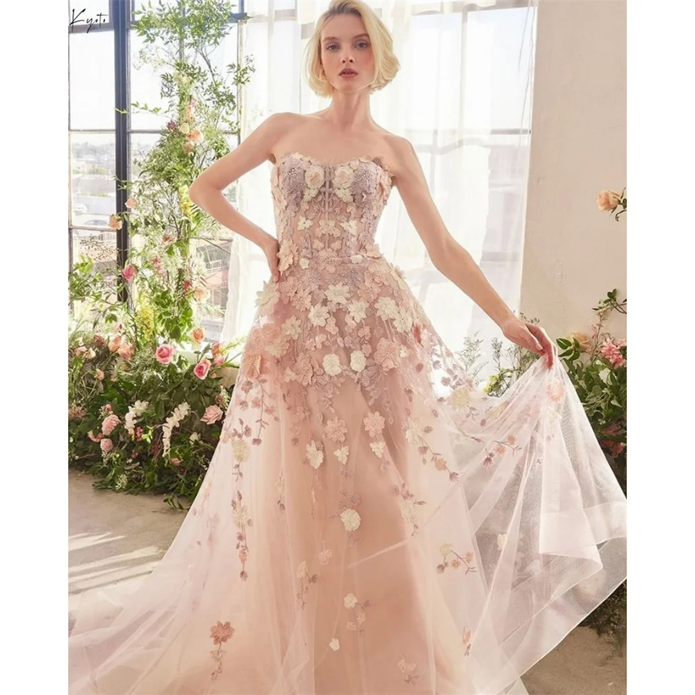 

Kyoto Customize Pink Strapless Appliques Wedding Dress A-line Princess vestidos de novia Zip Back Sweep Train Evening Dresses