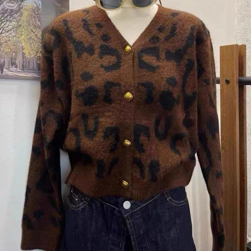 

Y2K Vintage Leopard Cardigan Sweater Women American Long Sleeve Slim Streetwear Knitted Sweater Coat Casual V Neck Lady Tops