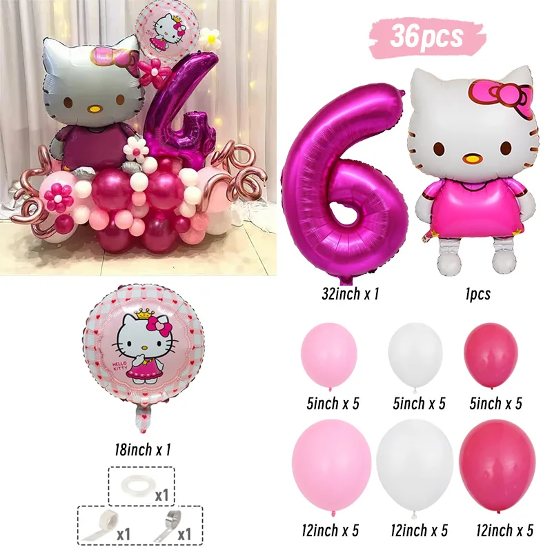 Zestaw 36 sztuk Hello Kitty numer balon z folii aluminiowej z lateksu helowego balonowa dziewczyna dekoracja urodzinowa przybory dla niemowląt