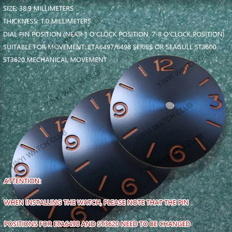 38.9mm Personalized Watch dial Blue color watch face for ETA6497/ETA6498 seagull ST3600/ST3620 Movement