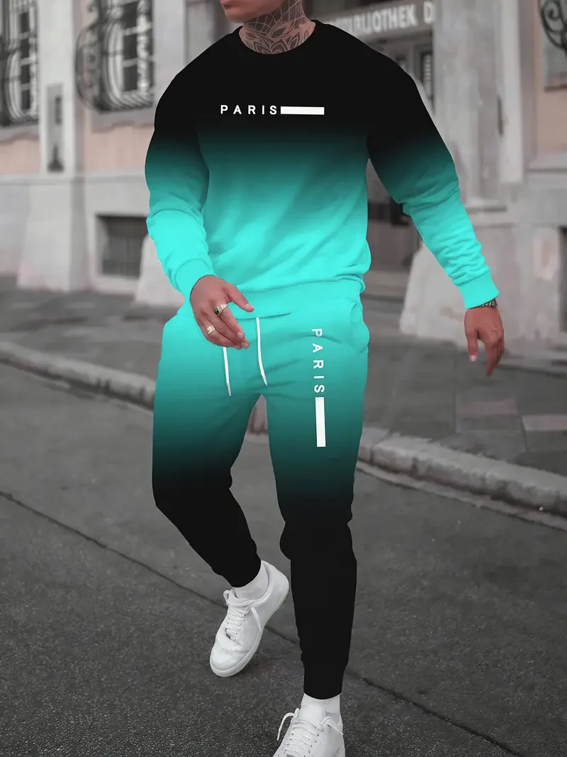 

Men's Trendy Gradient Color Paris Letter 3D Print T-shirt Pants Set For Men Fashion Outdoor Long Sleeved Pullover Jogging Outfit