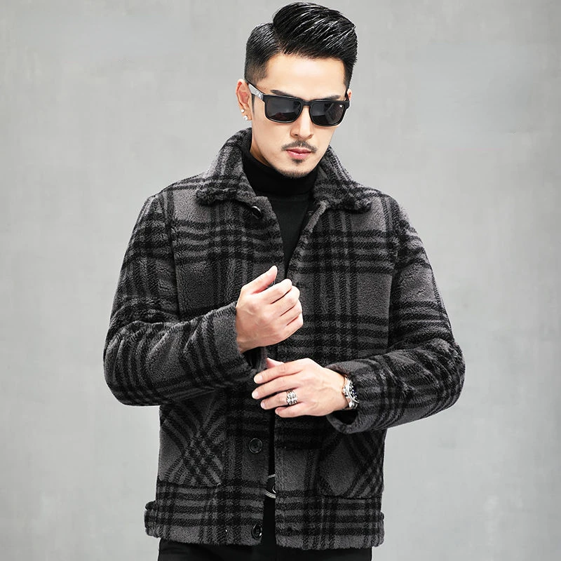 

Winter New Fur Woolen Plaid Coat Men Turn Down Collar Button Fashion Casual Jacket Outwear Thickening Plus Size Overcoat A29