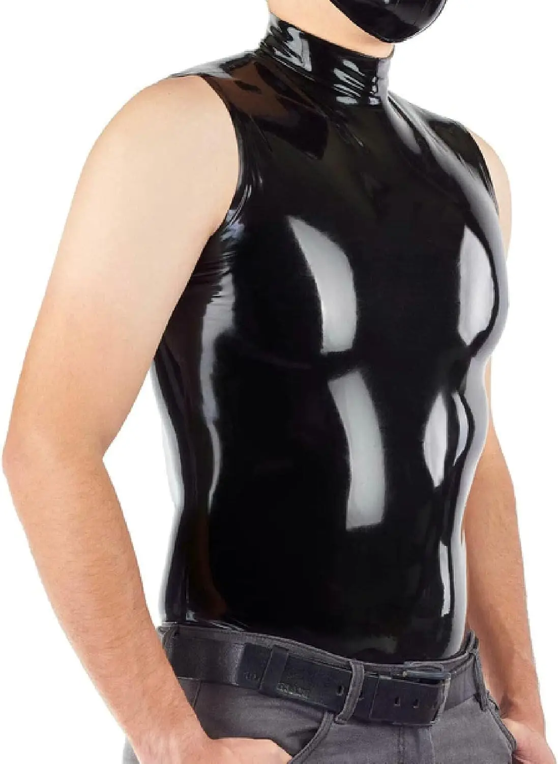 

Men Black Latex Vest Top Shirt High Collar Sleeveless Costume Male Tops