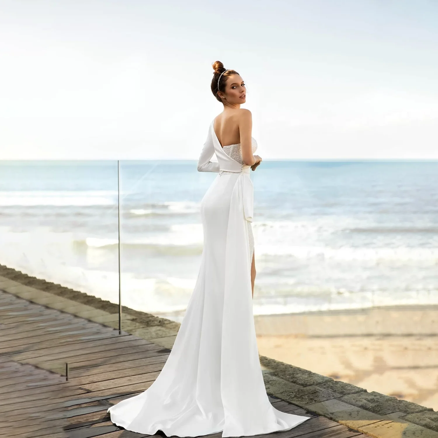 One Shoulder Ruched Satin Simple Wedding Dress Beading Column Customized Front Split Removable Long Sleeves Jacket Bridal Gowns