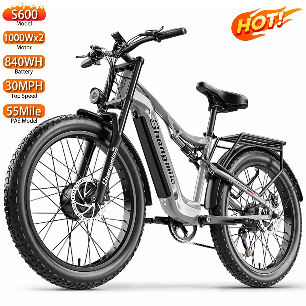 

Электрический велосипед ShengMilo для любых дорог, 26 дюймов, с толстыми шинами, мотор 2000 Вт, максимальная скорость 48 км/ч, ЖК-дисплей, 7 скоростей, полная подвеска, новый
