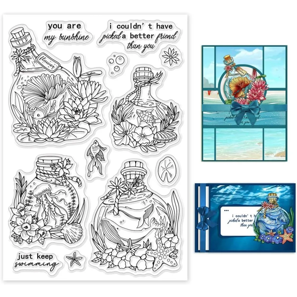 1Sheet Drift Bottle Clear Stamp Flower Stamp Cards Starfish Rubber Stamps Fish Transparent Stamps 6.2x4.3inch