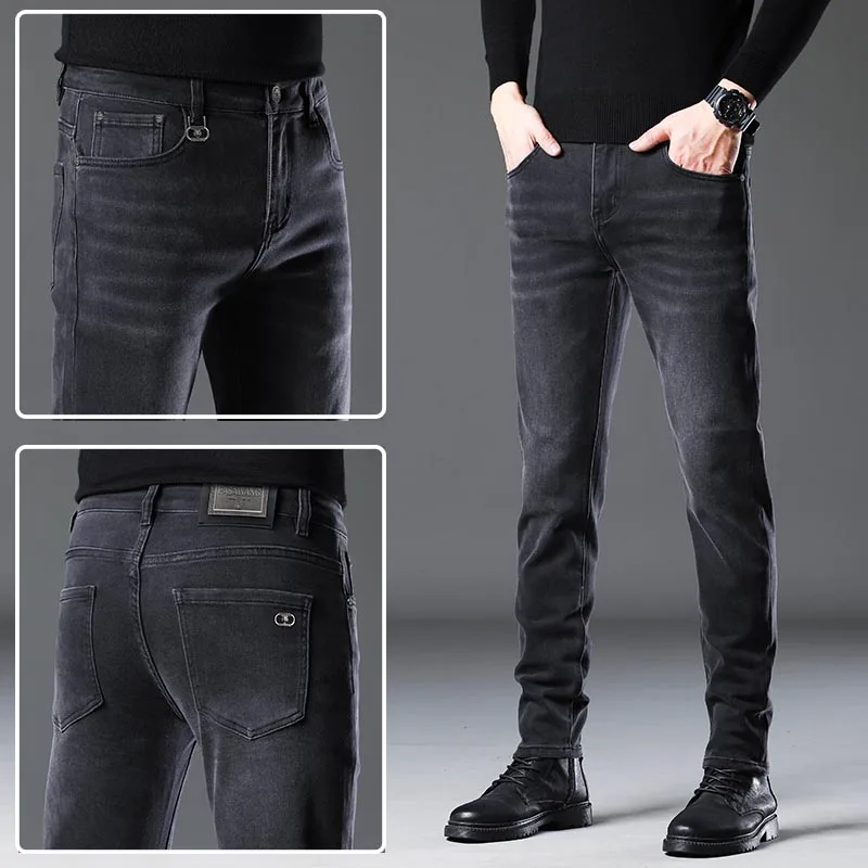 Pantalones vaqueros grises antiadherentes para hombre, pantalones elásticos, ajustados, sencillos, de alta calidad, a la moda, 2024