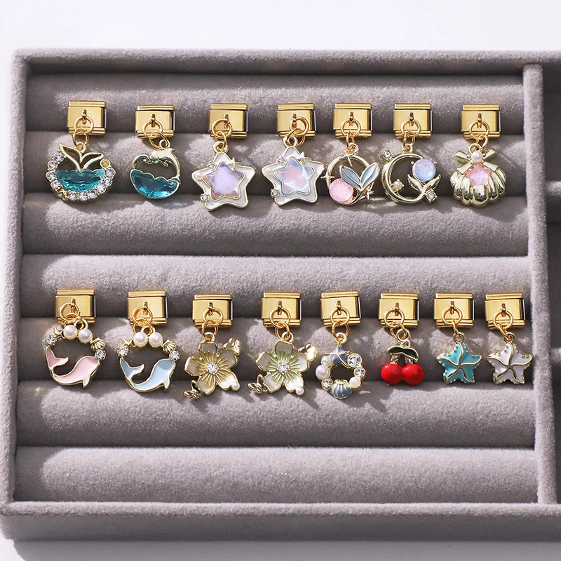 لامعة الزركون ذيل السمكة ستار الزهور الكرز الذهبي قلادة الإيطالية سحر الروابط صالح 9 مللي متر الفولاذ المقاوم للصدأ سوار النساء DIY بها بنفسك صنع #1