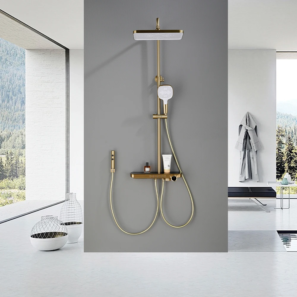 SKOWLL Square Rainfall Thermostatic Shower Set, Round Pipe Slide Bar Multi-Function Handheld Shower System with Shelf