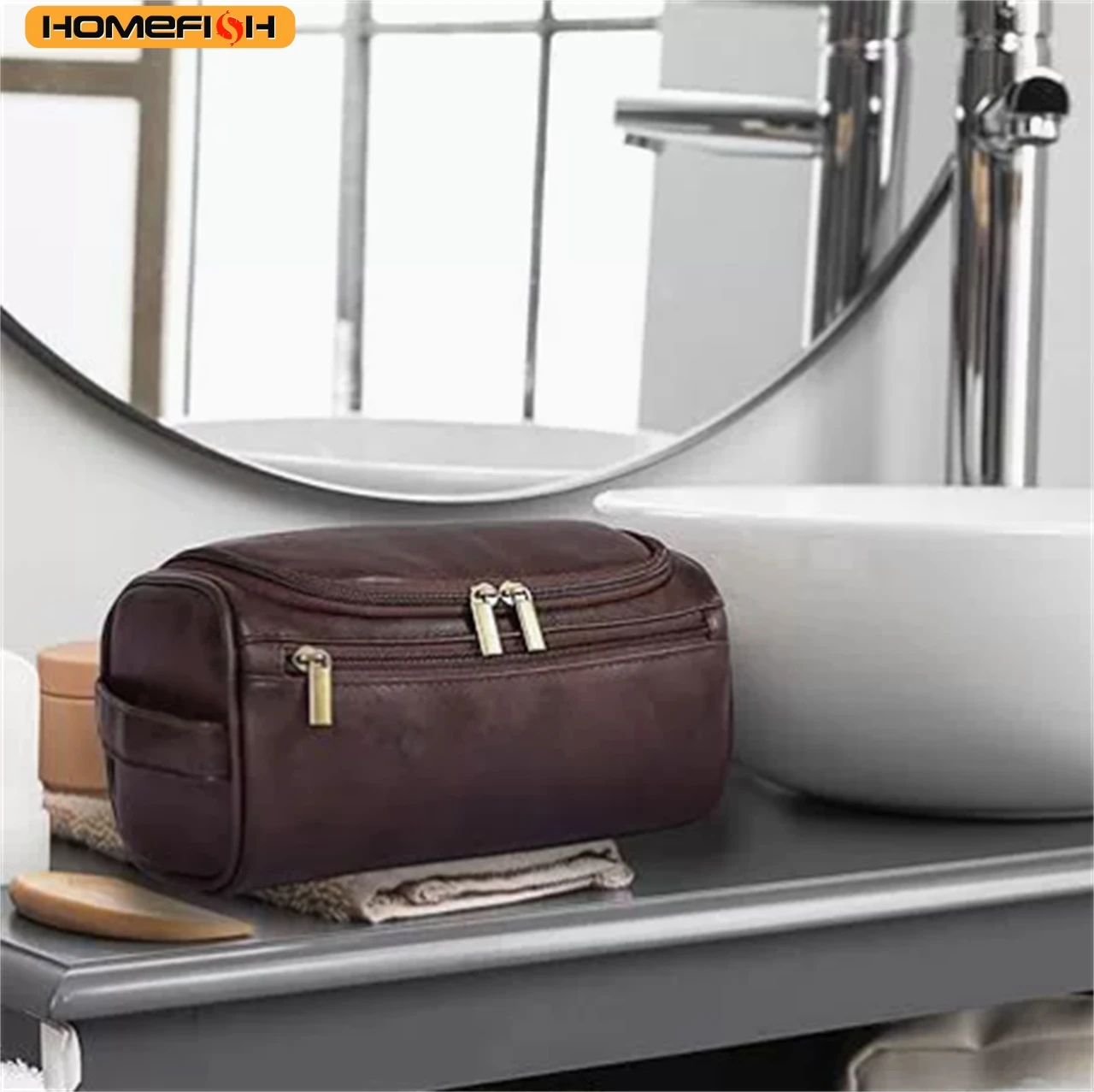 HOMEFISH Men PU Vintage Luxury Toiletry Bag Travel Necessary Business Cosmetic Makeup Cases Male Hanging Storage Organizer Wash