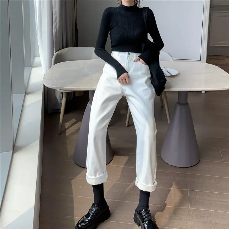 

Джинсы женские однотонные простые повседневные белые широкие женские мешковатые универсальные одежда для отдыха праздничная винтажная популярная нежная Новое поступление