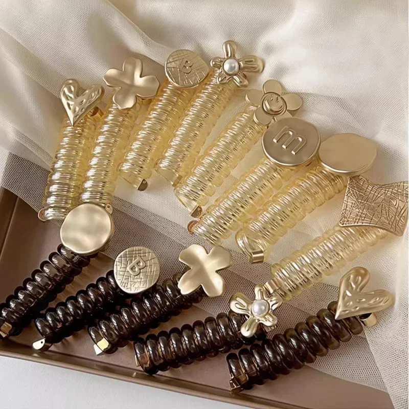 

Sprial Telephone Line Hair Loop Women Hair Accessories Gold Color Horsetail Head Rope Cute Elastic Bands Flower Girls Headdress