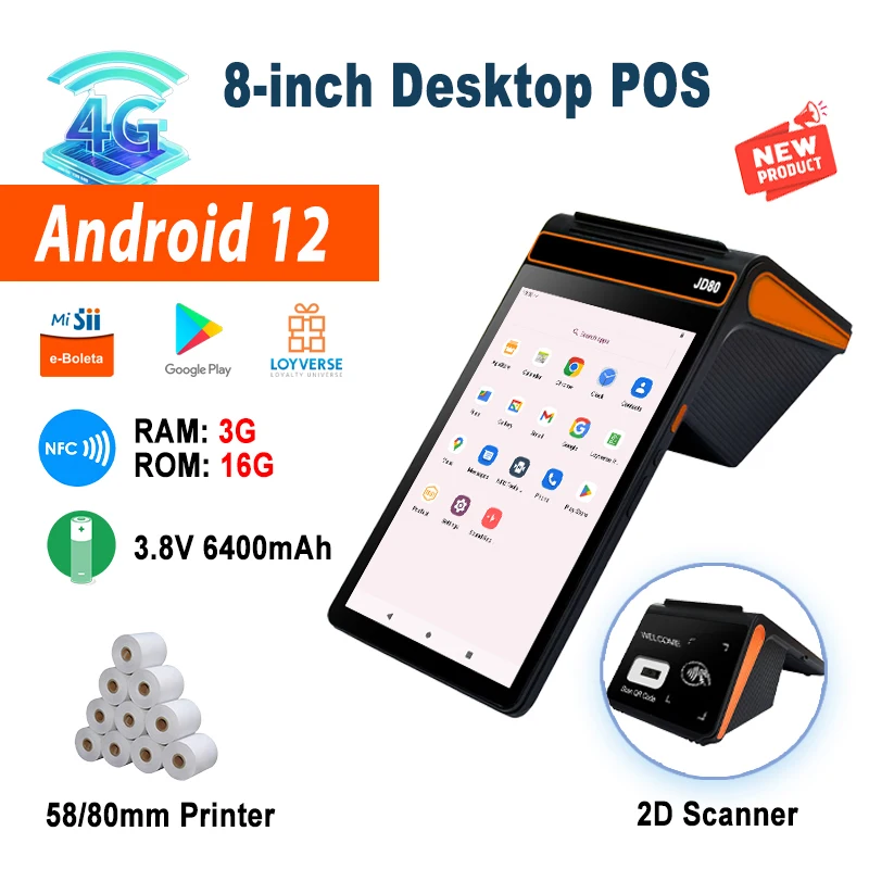 Desktop 8 inch Android 12 POS Terminal with 58/80mm Printer, 3G+16G Memory 4G WIFI BT Mobile POS, NFC 2D Scanner Cash Register