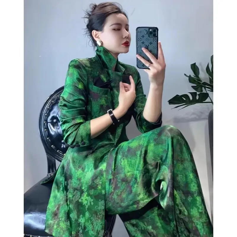 Women's Spring/Summer French Elegant Short Printed Blazer Wide Leg Pant Set Vintage Casual Satin Printed Suit Pant Two Piece Set