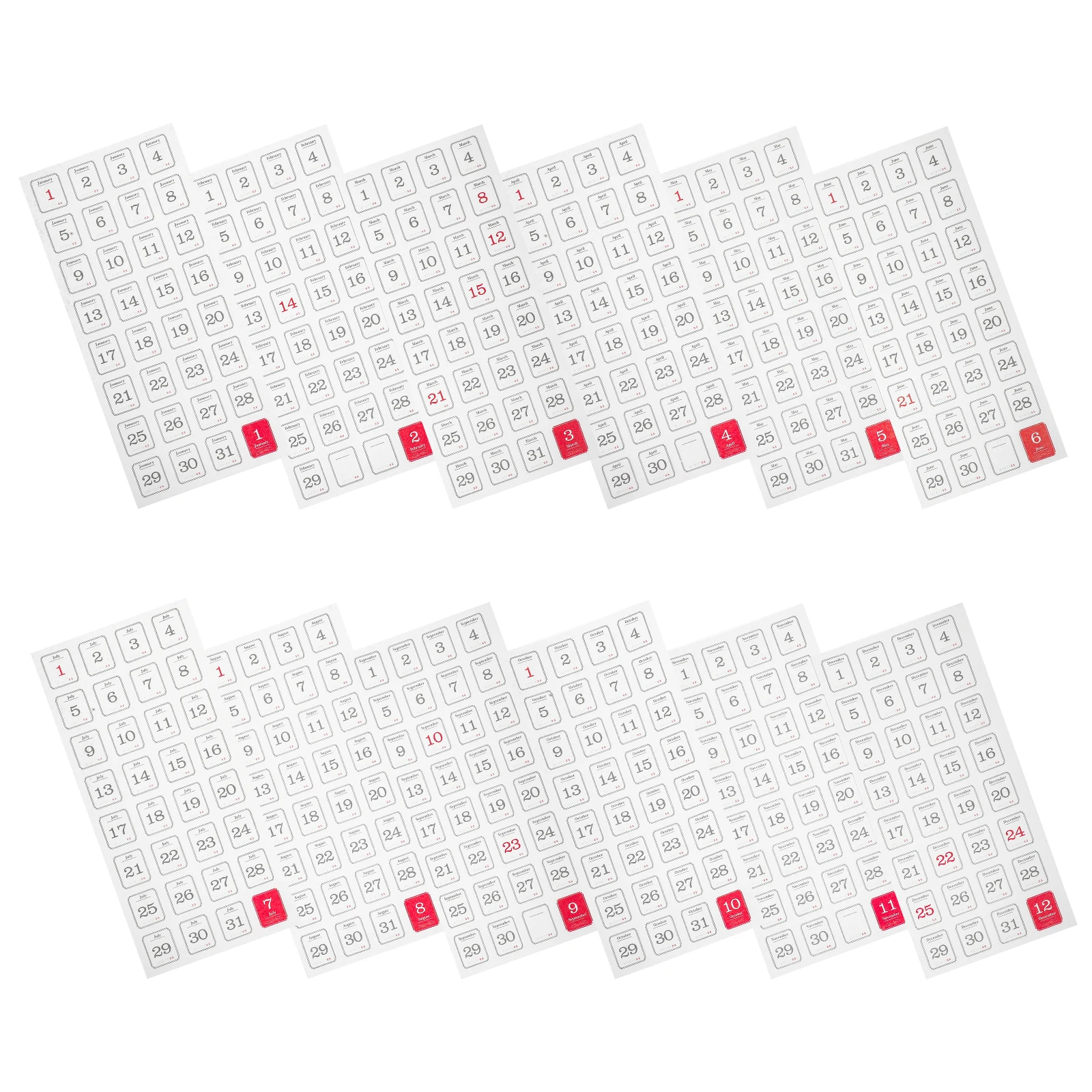 

12 Sheets Yearly Planner Stickers Adhesive Calendar Date Labels for Office School Wall Daily Scheduling Monthly Index Tabs