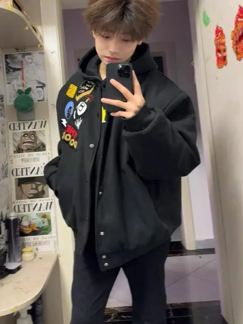 

American Letter Embroidery Baseball Jaet Loose Casual ex Pilot Sle Coat for Men And Women Student Trendy Brand Couple...