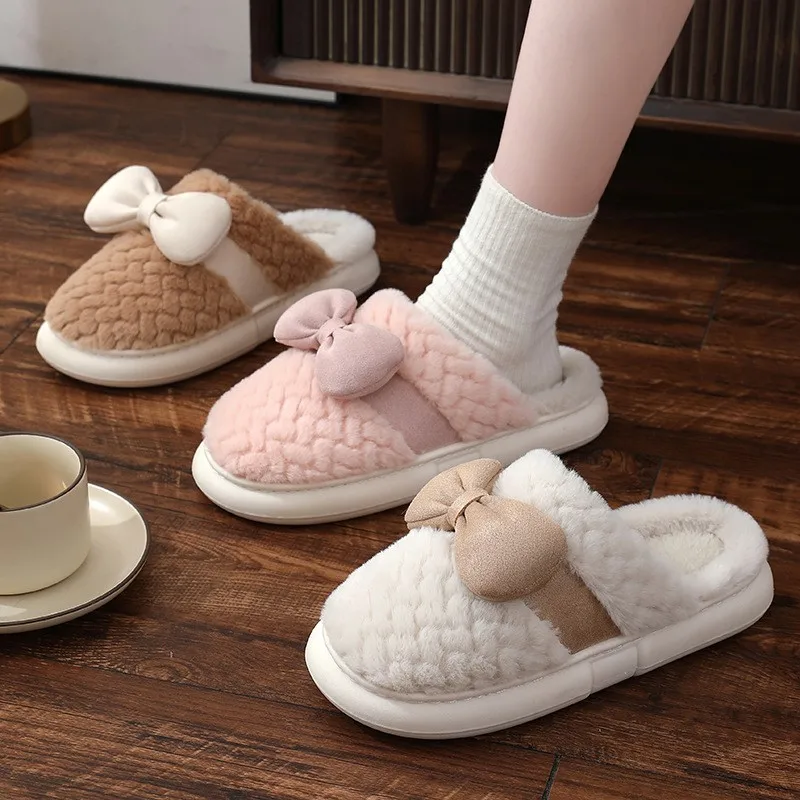 Plush cotton slippers bow tie fashionable women's couple flooring indoor and outdoor home warmth winter 2025