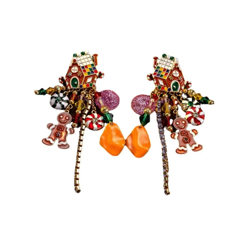 

Light Luxury High-end Feeling Autumn Winter Vintage Christmas Gingerbread Man Heavy Industry Personalized Long Tassel Earrings