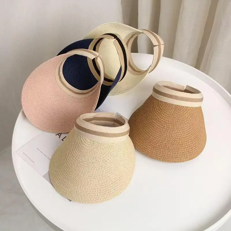 1pc Summer Raffia Straw Sun Protection Hat Open Top Straw Hat Striped Versatile UV Protection Women's Casual Baseball Cap